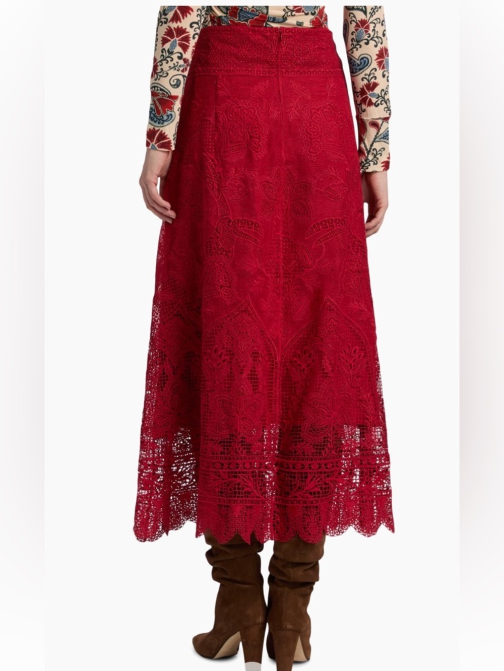 Farm Rio Red Boho Garden Guipure Lace Midi-Skirt - Picture 11 of 15